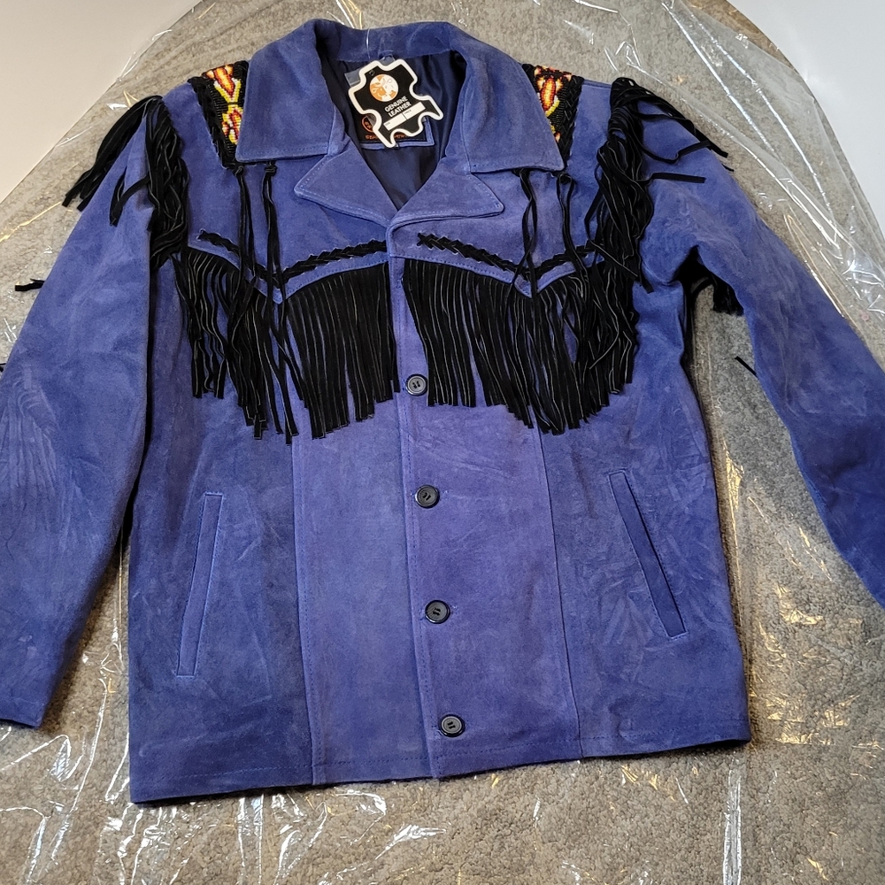 Blue Indigo Suede Jacket with Black Fringe and Beaded Epaulets Vintage NOS NWT
